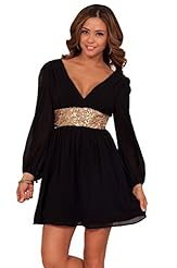 Sexy Sophisticated V-neck Strapless Long Sleeves Sequined Illusion Sweetheart Chiffon General Print Cocktail Empire   Waistline Party Dress/Mini Dress 