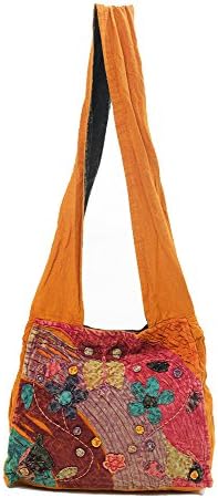 Earth Divas PG-07 Cotton Handwoven Flowers Women's Shoulder Sling Handbag with Zipper Closure, Orange