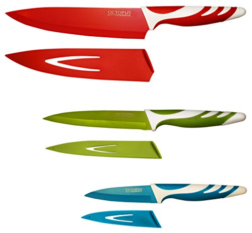 Kitchen Knives with Sheaths - Quality Kitchen Knife Set - Paring, Utility, Chef Knife - Non-Stick Coating for Easy Cutting and Cleaning - Colored Extra Sharp Stainless Steel Blades - Non-Slip Handles
