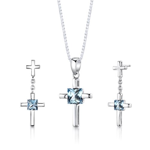 bridesmaid Sterling Silver, Necklace, Earrings, Sterling Silver Cross Design 2.75 carats total weight Princess Cut Swiss Blue Topaz Pendant Earrings and 18 inch Necklace Set