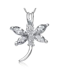 Everbling Diamond Accent Dragonfly Pendant Cubic Zirconia Rhodium Plated 925 Sterling Silver with 18" Silver Chain Necklace