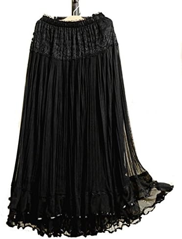ZiangLuke® Womens Boho Lace Gauze Falbala Double Layer Skirt Elastic Waist Maxi Skirt (One Size, Black )