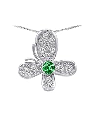 Original Star K (tm) Butterfly Pendant With Round Simulated Emerald in 925 Sterling Silver