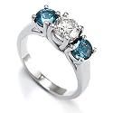 3 Stone Round White Diamond & Blue Diamond Accented Ring in 14K White Gold (1/2 ctw)