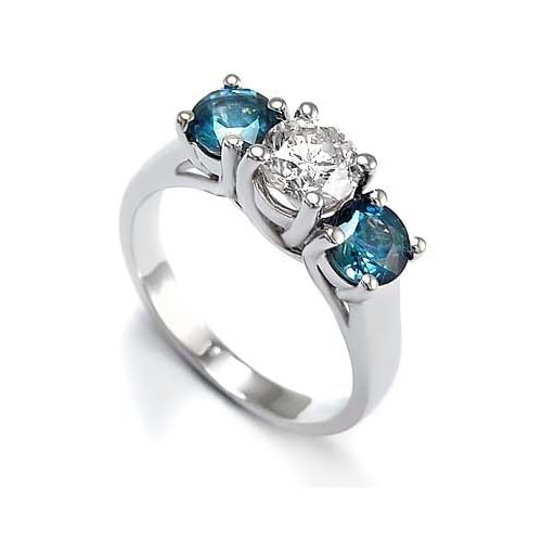 3 Stone Round White Diamond & Blue Diamond Accented Ring in 14K White Gold (1/2 ctw)