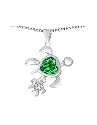 Original Star K (tm) Good Luck Mother and Child Turtle Pendant with Heart Shape Simulated Emerald in 925 Sterling Silver
