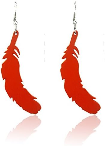 Spk Jewelry Vintage Tribal Feather Wood Handmade Filigree Dangle Teardrop Earrings (Orange)