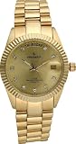 Peugeot mens round gold-tone bracelet watch. Crystal accent markers on dial, champagne dial with day-date calendar function. Adjustable bracelet