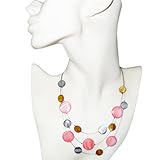 Multi Color Red, Grey & Brown Mother of Pearl Shell Circle Beads Triple Strand Necklace 16''- 19''