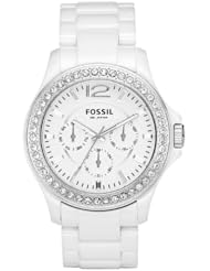 Fossil Womens CE1010 White Ceramic Bracelet White Glitz Analog Dial Multifunction Watch