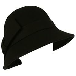 100% Wool Winter Structured Cloche Bucket Bell Church Stitch Ribbon Hat Black