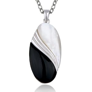 Sterling Silver White Mother-of-Pearl and Black Onyx Oval Pendant, 18 by Amazon.com Collection