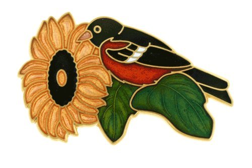 Hand enameled and gold plated Baltimore Oriole and black eyed susan pin or brooch