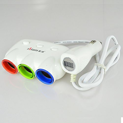Teyeleec Solam C26s White 12v/24v Triple 1 to 3 Socket + Dual 2 USB Power Supply Car Cigarette Lighter Socket Splitter Plug Charger Adapter + Battery Warning System