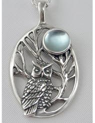 Silver Sacred Owl Pendant with Blue Topaz and Made in America
