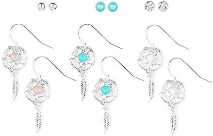 Icing Womens Silver Studs and Dream Catcher Drop Earrings Set of 6