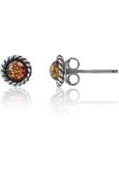 Honey Amber Sterling Silver Round Victorian Small Tiny Stud Earrings