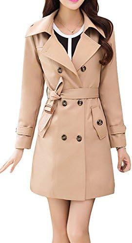Womens Slim Fit Turn Down Collar Double-Breasted Hooded Long Trench Coat with Belt and Plus Size Outwear Coat