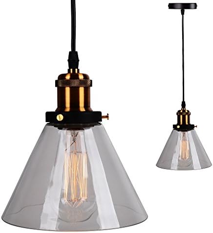 Truvan Vintage Edison Style Hanging Pendant Light Fixture 1-Light, Antique Brass Light Base with Clear Glass Shade Loudspeaker Shape