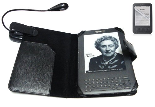 SUNNY SAVERS AMAZON KINDLE 3 3G 3RD GENERATION WIFI BLACK EXECUTIVE LEATHER CASE COVER WALLET (FOR LATEST KINDLE) WITH SUPER LED READING LIGHT LIGHTENED LAMP AND KINDLE3 SCREEN PROTECTOR
