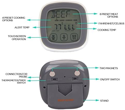 Famerry Instant Oven Thermometer Digital Meat Thermometer with Stainless Steel Probe &amp; Countdown Alarm - Barbecue Cooking Thermometer with Touchscreen