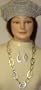 Hand Crocheted Metallic Silver Gimp Beret Offered in Combination with Sterling Silver Plated Large Oval Rings Long Chain Necklace and Earrings