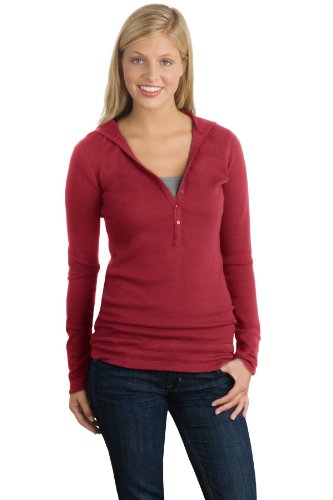 Junior Ladies Long Sleeve Thermal Henley Hoodie, Color: Sangria, Size: Medium