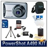 Canon PowerShot A490 Digital Camera, 10.0 Megapixel, 3.3x Optical Zoom, 2.5 LCD, 8 GB Memory Card, Hi-Speed SD USB 2.0 Card Reader, Deluxe Carrying Case, 3pc. Lens Cleaning Kit, AA Rapid Multivoltage AC/DC Charger, Screen Protectors, Tripod