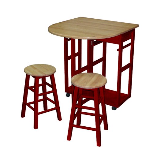 Yu Shan Drop Leaf Breakfast Cart with 2 Stools, Natural and Red
