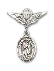 Sterling Silver Baby Badge with St. Christopher Charm and Angel with Wings Badge Pin
