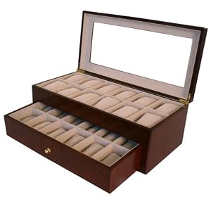 Watch Box for 24 Watches Cherry Matte Finish XL Wide Compartments Soft Cushions Clearance Large Watches Window