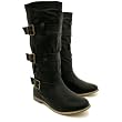 Spy Love Buy Flat Leather Style Buckled Wide Calf Biker Boots "Leanna"