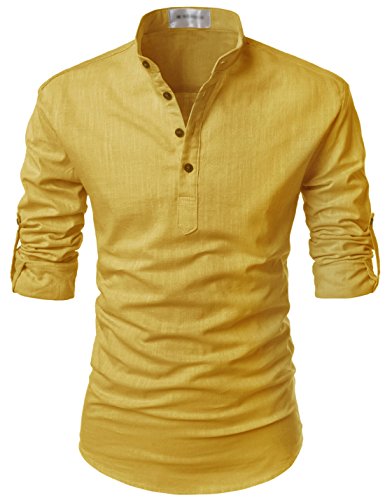 NEARKIN (NKNKN350) Beloved Men Henley Neck Long Sleeve Daily Look Linen Shirts MUSTARD US M(Tag size M)