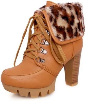 BeanFashion Womens Close Round Toe Platform Leopard Pattern Lace-up Closure Chunky Heels Ankle High Boots, Yellow, 5 B(M) US