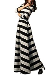 Striped Print Floor Length Long Sleeves Spring Summer Fall Winter Polyester  Maxi Dress  With Ruffles