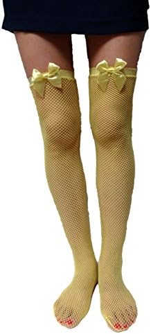 Women's Satin Bow Fishnet Thigh High Yellow