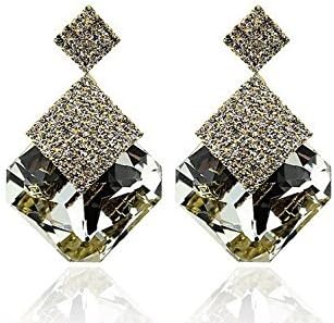 Brandman 2015 Fashion Accessories Black and White Square Crystal Luxury Sparkling Big Gold Drop Earrings for Women (White and Golden)