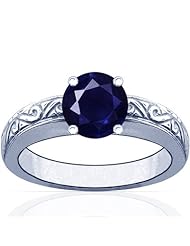 18K White Gold Round Cut Blue Sapphire Solitaire Ring