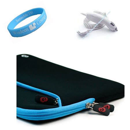 Apple Ipad Black-blue Color Neoprene Carrying Case + Car Charger for Ipad + Wristband