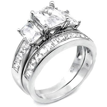 Sterling Silver Cubic Zirconia CZ Wedding Engagement Ring Set