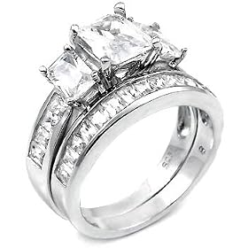 Sterling Silver Cubic Zirconia CZ Wedding Engagement Ring Set thumbnail