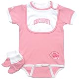 Cincinnati Reds Baby Pink Onesie, Bib, and Booties from Majestic, 3-6 mos