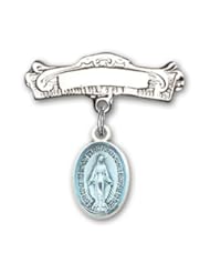 Sterling Silver Baby Badge with Blue Miraculous Charm and Arched Polished Badge Pin