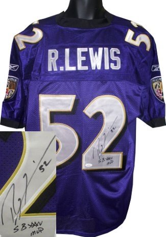 Ray Lewis Autographed/Hand Signed Baltimore Ravens Purple Authentic Style Jersey SBXXXV MVP- JSA Hol