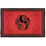 Yin Yang Dragon Print Red Bed Sheet Throw Bedspread