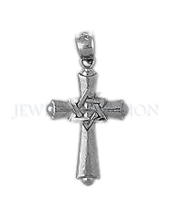 Rhodium-Plated 925 Sterling Silver Cross With Star Of David Pendant