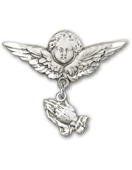 Sterling Silver Baby Badge with Praying Hands Charm and Angel with Wings Badge Pin