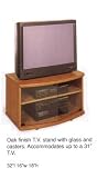 TV STAND WITH GLASS AND CASTERS IN OAK FINISH