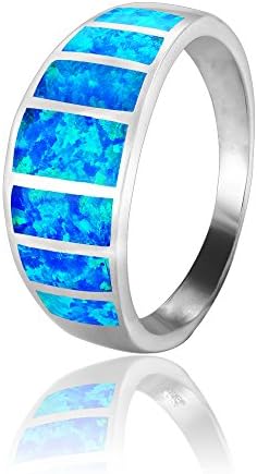 925 Sterling Silver Blue Inlaid Opal Band Ring (7)