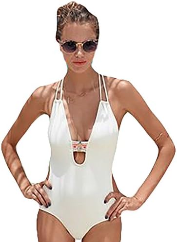 Taihexin Women's Deep V-Neck Open Back One-Piece Bikini Monokini Push-up Swimsuit White M